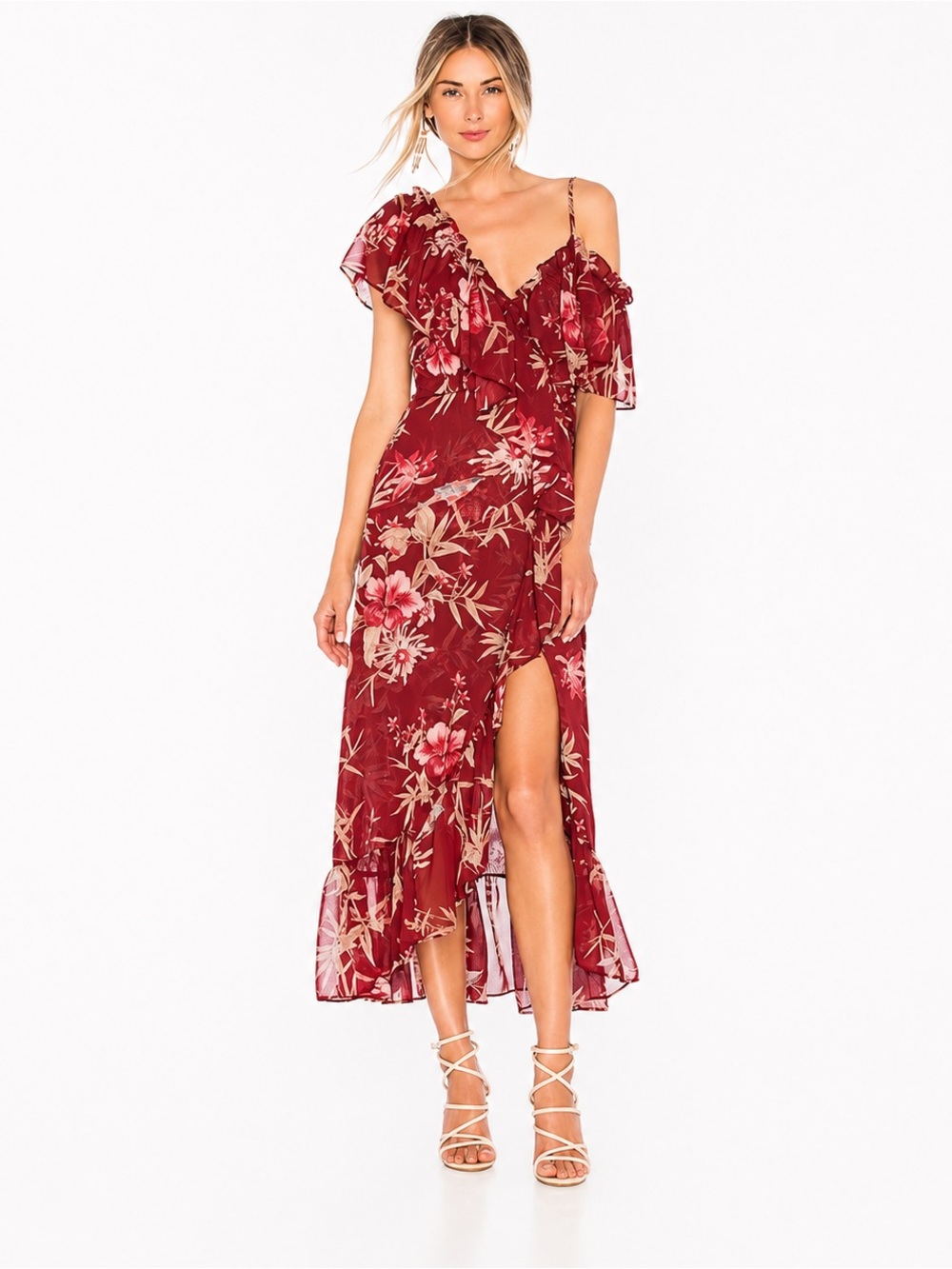 Misa red floral Tayla ruffle wrap dress size small coquette romantic garden